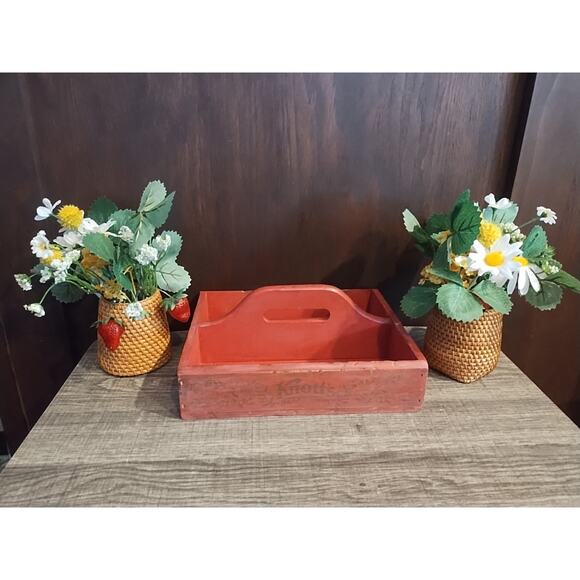 Knotts Strawberry Tote Box Crate Wood Caddy Handle Farmhouse Primitive Rustic - Picture 4 of 7